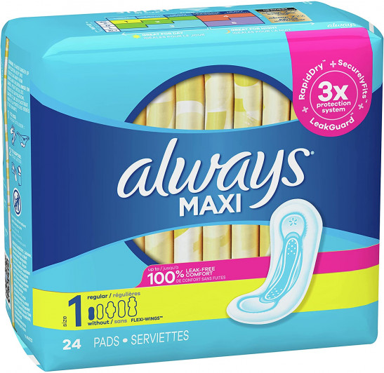 Always Maxi Feminine Pads for Women, Regular Absorbency, 24 Count, No  Wings, Unscented (24 Count)