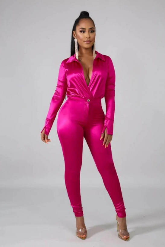 Charming Women Satin Outfits 2021 Spring Sexy Deep V Neck Bodysuit Shirt + High Waist Pants Two Pieces Party Clubwear Sets