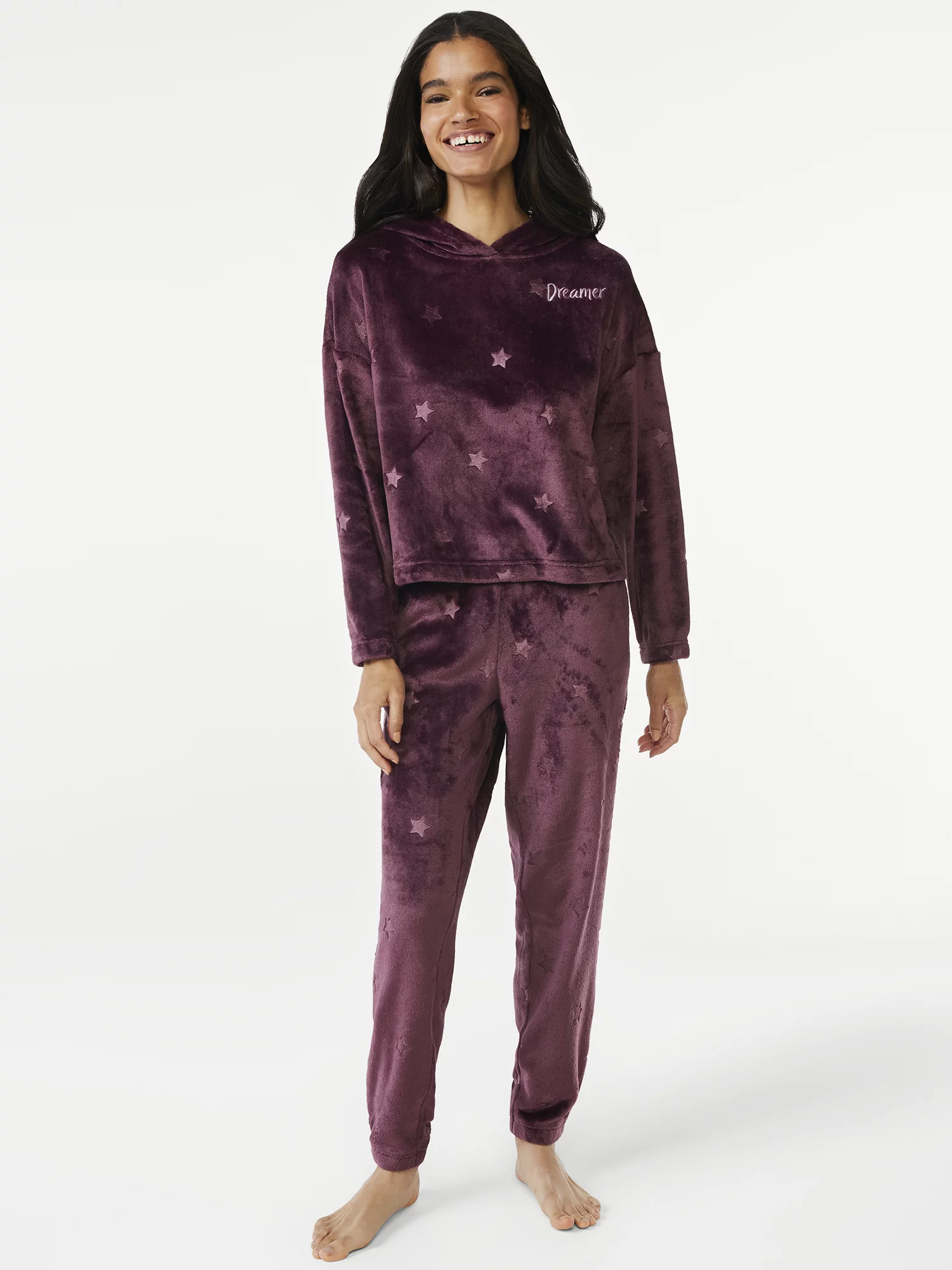 Joyspun Women's Plush Hooded Top and Pants, 2-Piece Pajama Set
