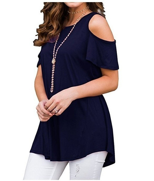 Plus Size XS-6XL Summer Womens Fashion Cold Shoulder Shirts Casual Loose  Short Sleeve Crew Neck