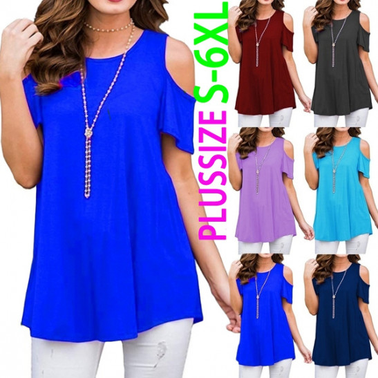 Plus Size XS-6XL Summer Womens Fashion Cold Shoulder Shirts Casual Loose  Short Sleeve Crew Neck