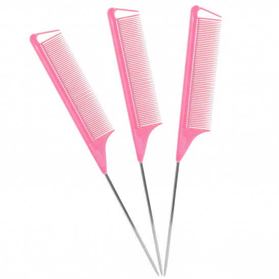 3 PCS Braiding Weaving Rat Tail Styling Bone Comb Fine Teeth Hairdressing,  Anti-Static Sectioning, Parting Pin Needle Stainless Steel Combs (Pink) 