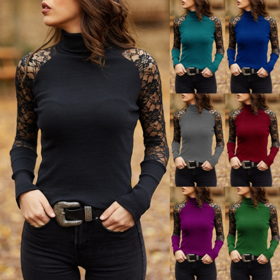 Women Fashion Long Sleeve Turtle Neck Shirts Sexy Lace Patchwork Solid  Color Slim Fit Casual Cotton