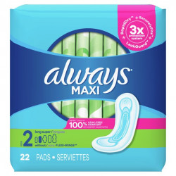 Always Maxi Pads, Winged, Unscented, Super Absorbency, Size 2, 22 Ct