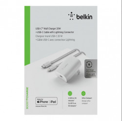 Belkin Boost Up USB-C PD Wall Charger 20W And USB-C To Apple Lightning Cable 4' - White