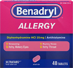 Benadryl Ultratabs Antihistamine Allergy Medicine, Diphenhydramine HCl Tablets, 48 Ct
