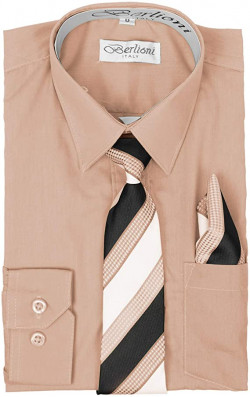 Berlioni Italy Conjunto de camisa de manga larga para niños pequeños con corbata y pañuelo
