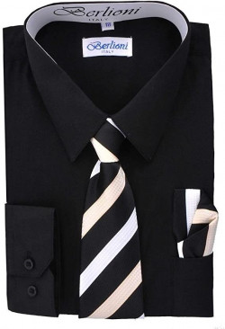 Berlioni Italy Conjunto de camisa de manga larga para niños pequeños con corbata y pañuelo