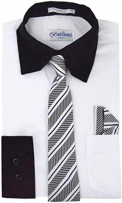 Berlioni Italy Conjunto de camisa de manga larga para niños pequeños con corbata y pañuelo