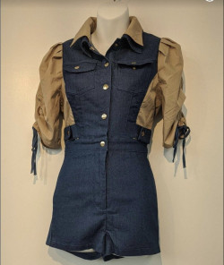 Camel Puff Sleeve Dark Denim Romper- Small