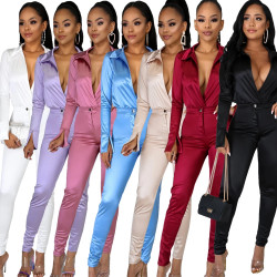 Charming Women Satin Outfits 2021 Spring Sexy Deep V Neck Bodysuit Shirt + High Waist Pants Two Pieces Party Clubwear Sets