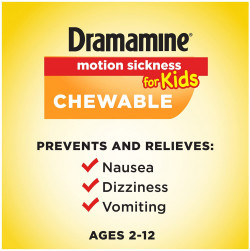 Dramamine Motion Sickness for Kids, Chewable, Dye Free, Grape Flavored, 8 Count