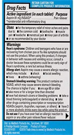 Ecotrin Aspirina entérica revestida de seguridad, 81 mg comprimidos de baja resistencia 45 tabletas |