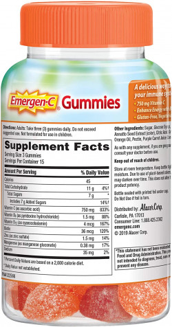 Emergen-C 750mg Vitamin C Gummies for Adults, Immunity Gummies with B Vitamins, Gluten Free, Orange, Tangerine and Raspberry Flavors - 45 Count
