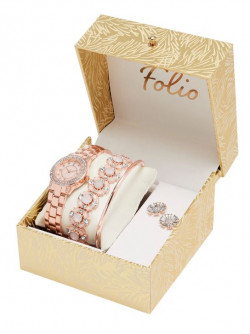 Folio Women's Rose Gold Tone Round Analog Glitz With Layered Bracelets And Earring Gift Set