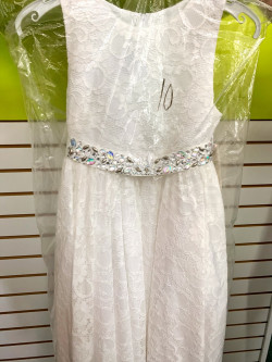 Girls White Lace With Rhinestone Sash Dress |Size 10