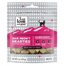 "I And Love And You" Hair Meow't Hearties Cat Treats, Salmon Recipe, 4oz Bag