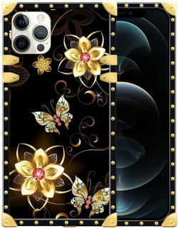 Luxury Square Case IPhone 12 Pro Max Case, Golden Flowers IPhone 12 Pro Max Cases For Women Girls,Full Body Soft TPU Metal Plating Corner Shockproof Protection Bumper Back Cover Case