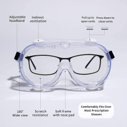 Medical Goggles, clear lens soft PVC frame elastic strap splash safety. Goggles Fit Over Glasses, Clear Wide-Vision Anti-Fog Eye Protection for Men and Women, Protective Eyewear for Hospital and Airplane.
