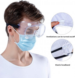 Medical Goggles, clear lens soft PVC frame elastic strap splash safety. Goggles Fit Over Glasses, Clear Wide-Vision Anti-Fog Eye Protection for Men and Women, Protective Eyewear for Hospital and Airplane.