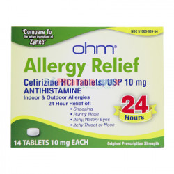 Ohm Allergy Relief Cetirizine HCI Anthistamine 24 Hour Relief Tablet 10mg 90 COUNT