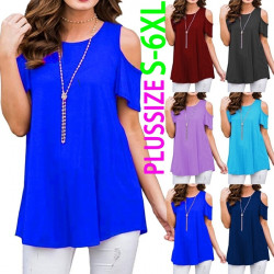 Plus Size XS-6XL Summer Womens Fashion Cold Shoulder Shirts Casual Loose Short Sleeve Crew Neck Floral Tunic Tops Blouses