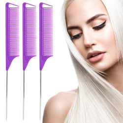Rat Tail Combs Parting Comb: 3Pcs Rat Tail Comb Set, Long Steel Pin Rat Tail Teasing Comb, Hair Combs for Salon Hair Stylist, Tail Combs Metal ,Parting Combs for Women(Purple|Black|Pink)