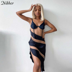 Sexy Hot Patchwork Mesh See-Through Spaghetti Strap Skinny Dress For Women 2020 Fashion Club Party Bodycon Dresses Mujer