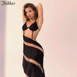 Sexy Hot Patchwork Mesh See-Through Spaghetti Strap Skinny Dress For Women 2020 Fashion Club Party Bodycon Dresses Mujer