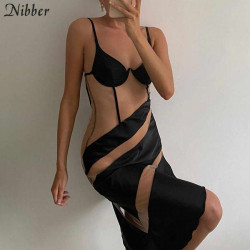 Sexy Hot Patchwork Mesh See-Through Spaghetti Strap Skinny Dress For Women 2020 Fashion Club Party Bodycon Dresses Mujer