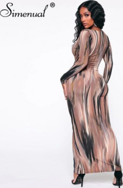 Simenual V Neck Bandage Bodycon Sexy Maxi Dresses Women Fashion Skinny Clubwear Printed Long Sleeve Party Dress Autumn 2021 Slim