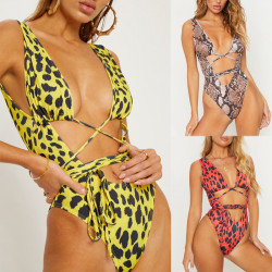 Summer New Sexy Women One Piece Serpentine Leopard Printed Monokini Bandage Bathing Suit Push Up Padded Bikini Swimsuit Swimwear