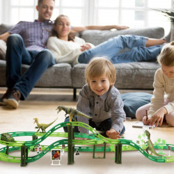 Vimzone Dinosaur Toys, Dinosaur World Road Race Car Track Set, Flexible Track Playset with 1 Car and 3 Dinosaurs Toys for 3 4 5 6 Year Up Old boy Girls Gift
