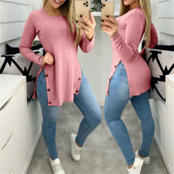 Women Solid Color Round Neck Side-Slit Button Long Sleeve Knitwear